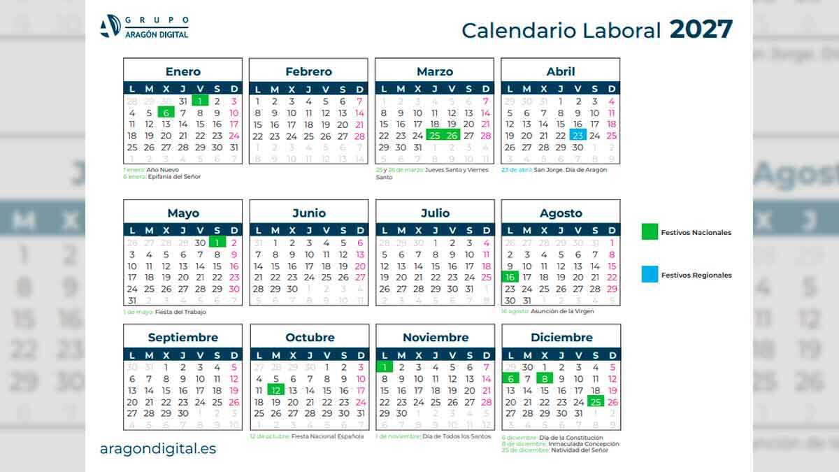 L’Aragon a déjà son calendrier des jours fériés 2027 : les 12 jours fériés de l’année prochaine